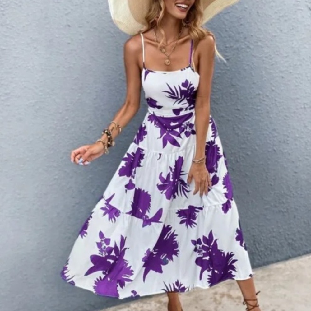 Boho Blue Floral Tropical Leaves Cut out Cami Ruffle Dress - Picture 11 of 11
